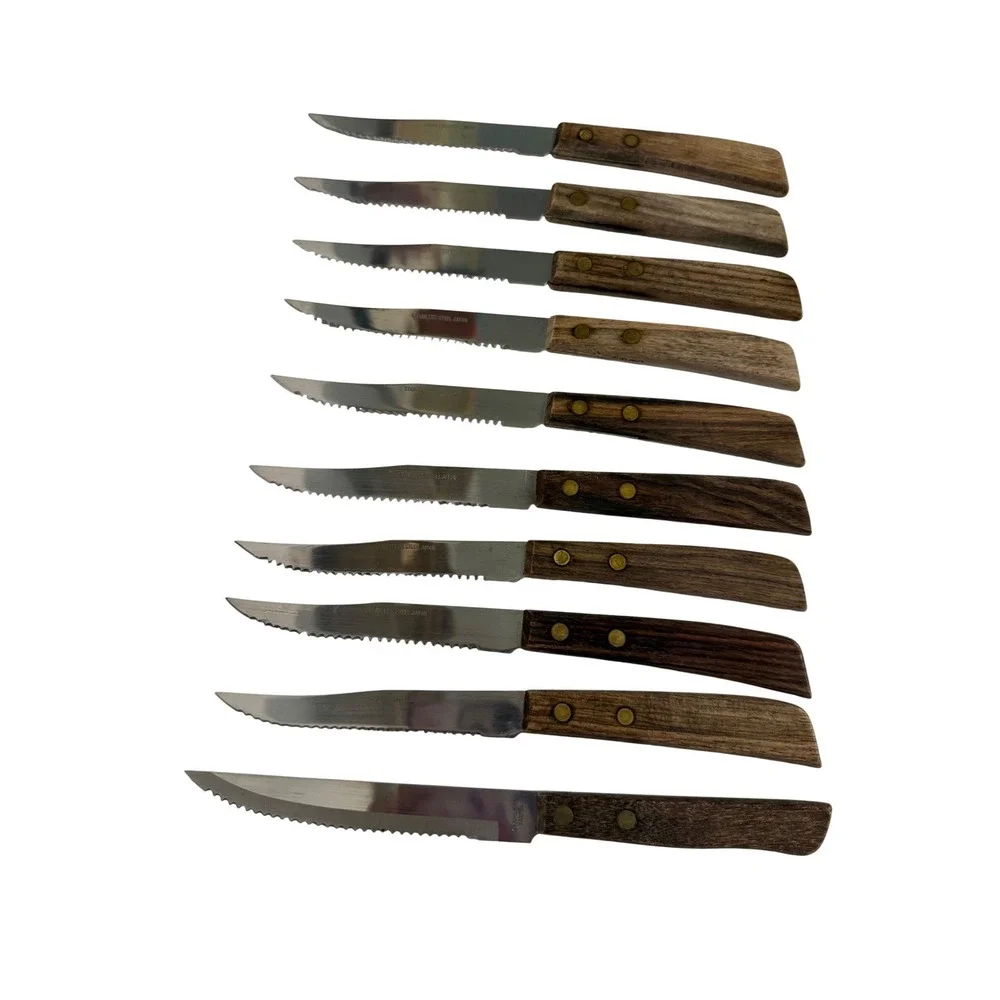 Vintage 10 Piece Serrated Steak Knife Set Wood Handle Stainless Steel Japan 8